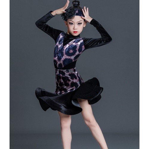 Girls kids black with leopard velvet latin ballroom dance dresses modern juinor salsa cha cha latin performance outfits for children